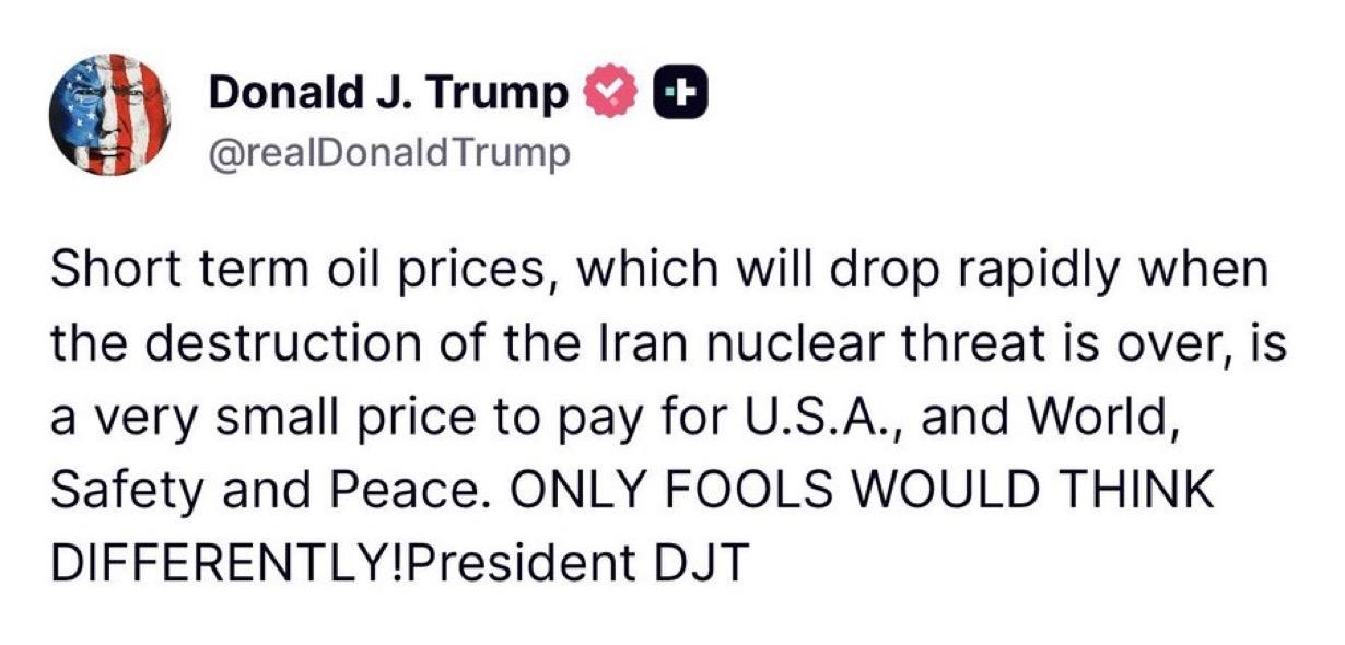 对于油价飙升突破100美元/桶，特朗普这样回应：

“伊朗核威胁消除后，短期油价