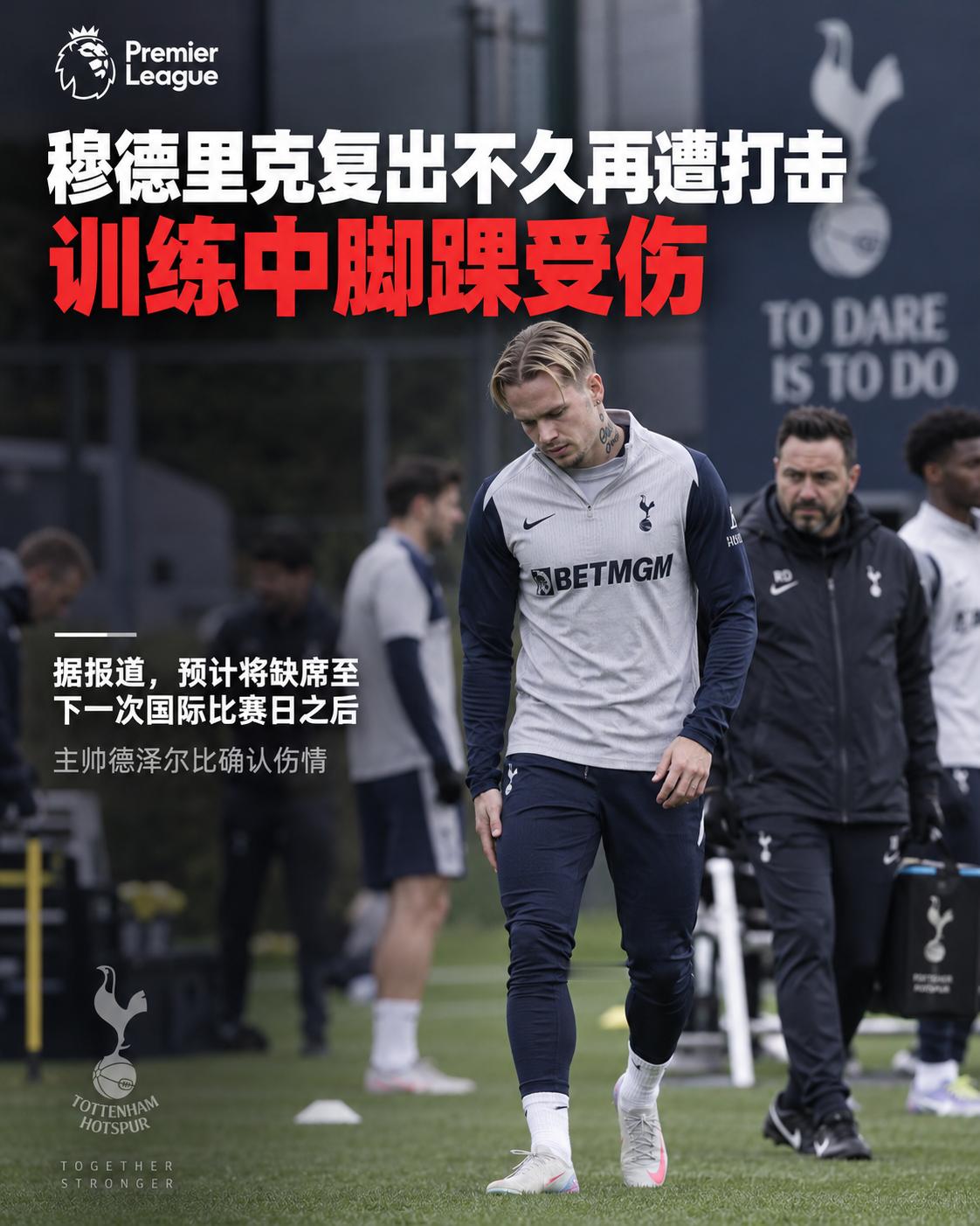 【穆德里克复出不久再遭打击：训练中脚踝受伤】据路透社报道，热刺边锋穆德里克在训练