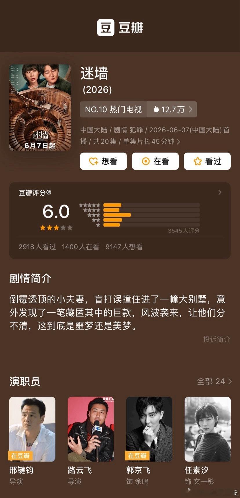 郭京飞、任素汐迷墙豆瓣开分6.0 评分人数3545人，已播12/20集……高了低