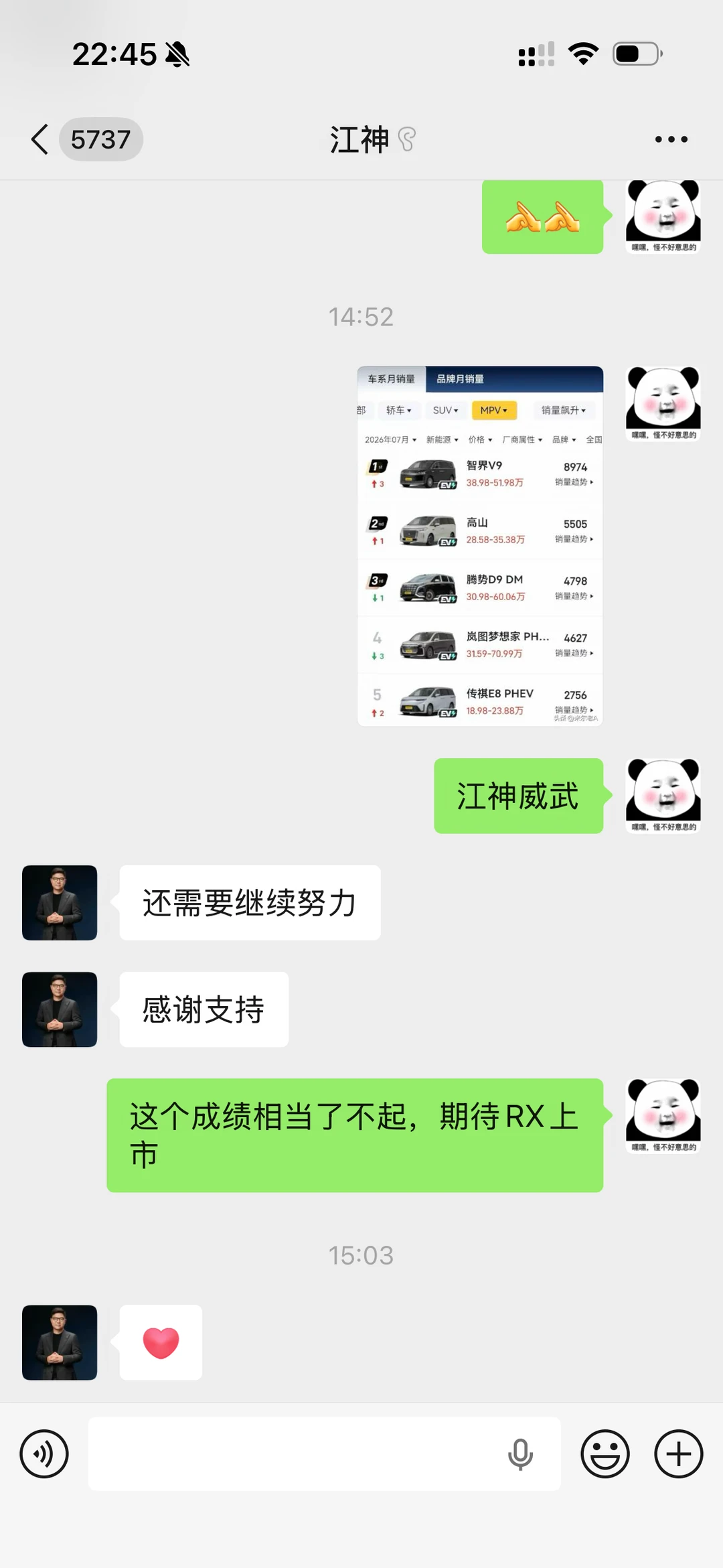下午跟赵长江聊了几句关于智界V9的销量，长江总还挺谦虚的。哈哈