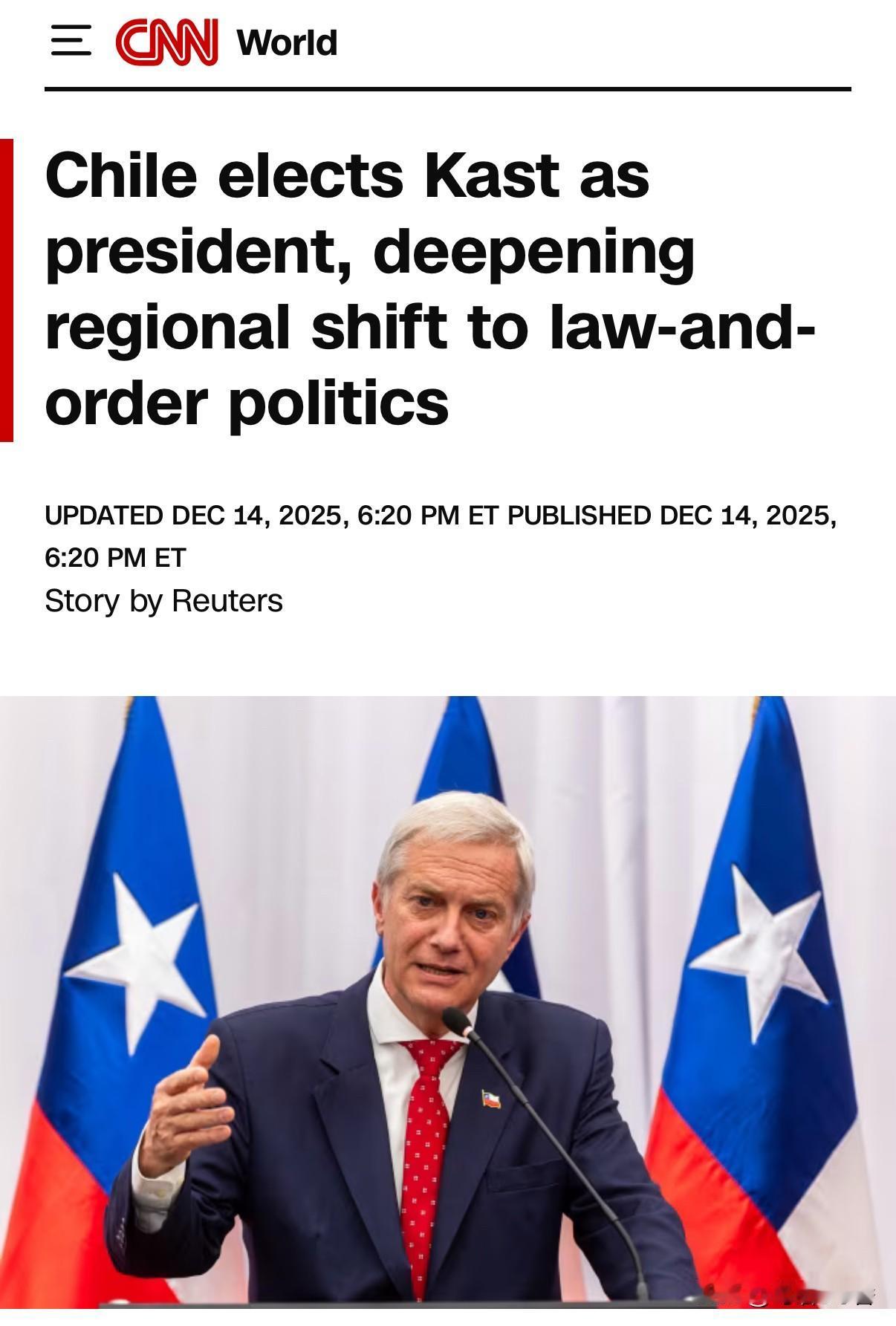 智利大选结果是安东尼奥·卡斯特，以58.3%的结果获胜。他成功利用了选民对犯罪和