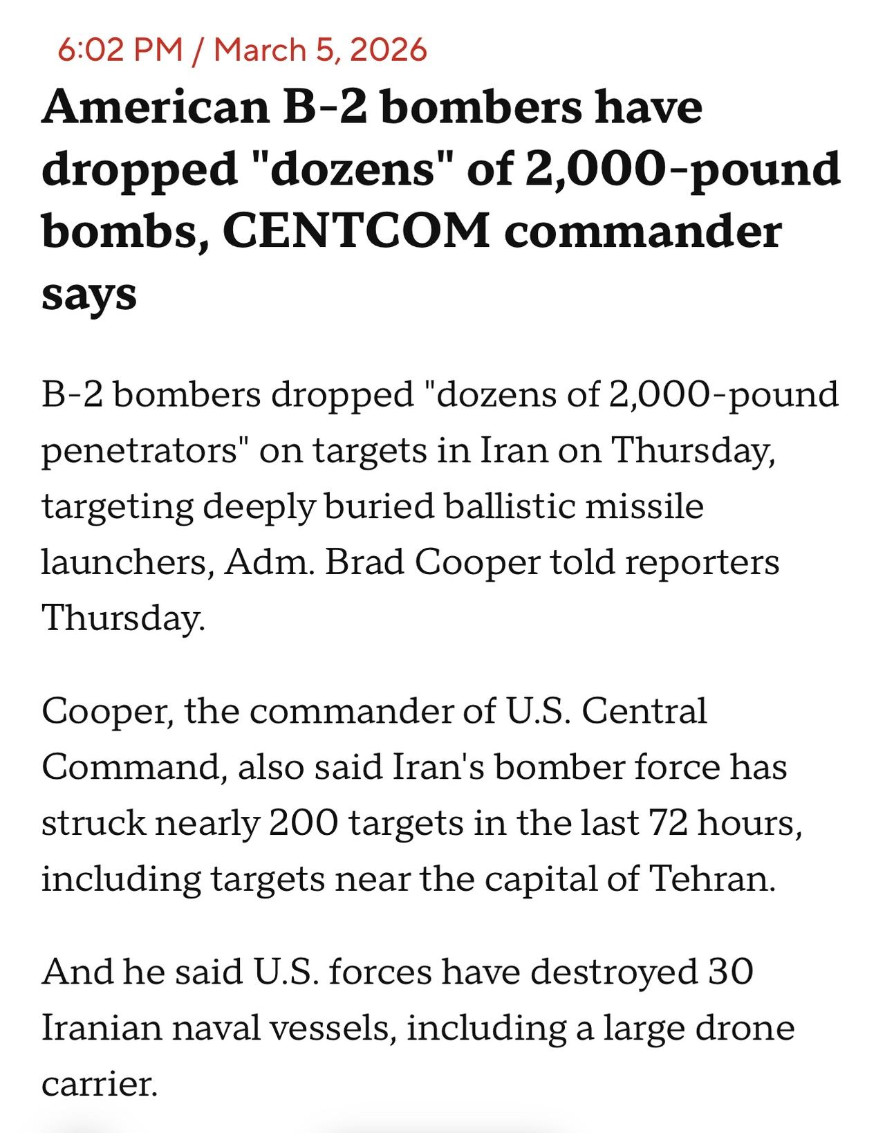 美国海军上将布拉德·库珀Adm. Brad Cooper 周四告诉记者，B-2轰