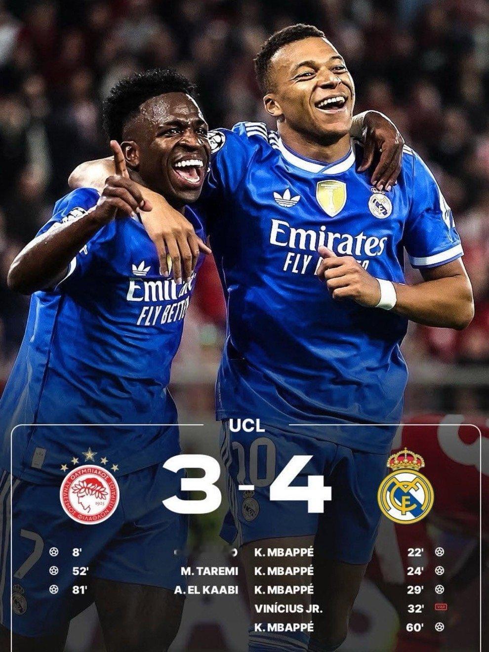 欧冠联赛第五轮，皇家马德里客场4-3战胜希腊劲旅奥林匹亚科斯。姆巴佩从第22-2