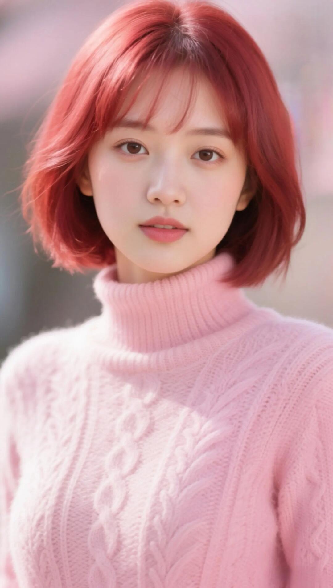 温柔粉毛衣，甜美红发少女，冬日暖阳下，甜美动人