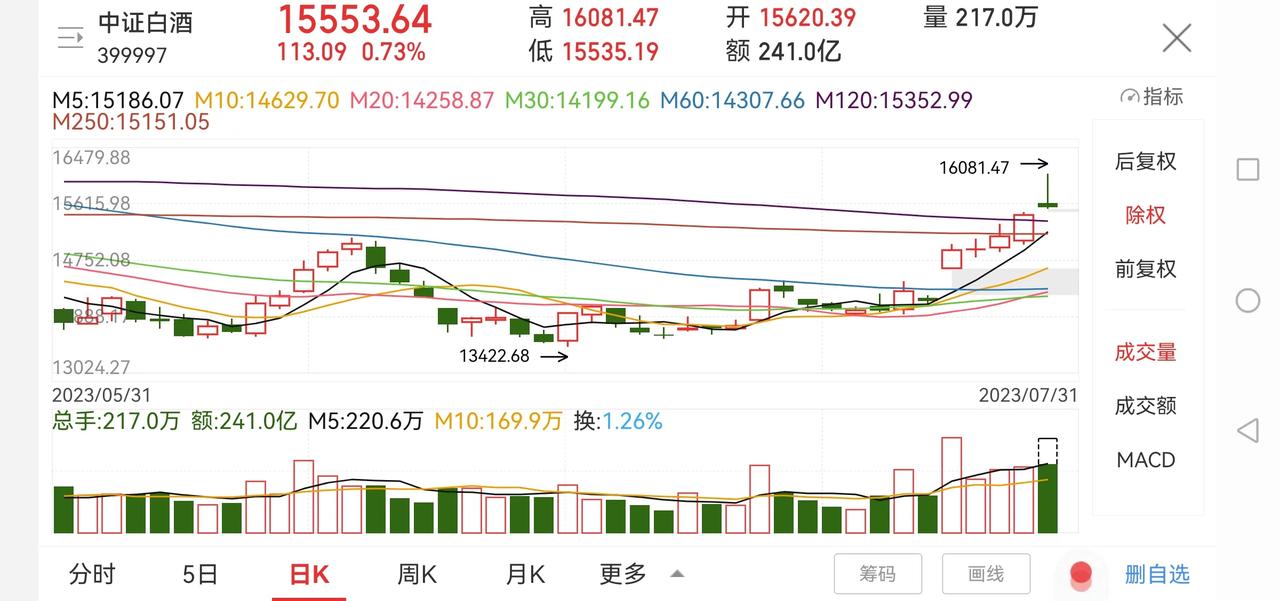 今天白酒和恒生科技指数的操作思路！

中证白酒今天高开后高走，盘中最高涨超4%，