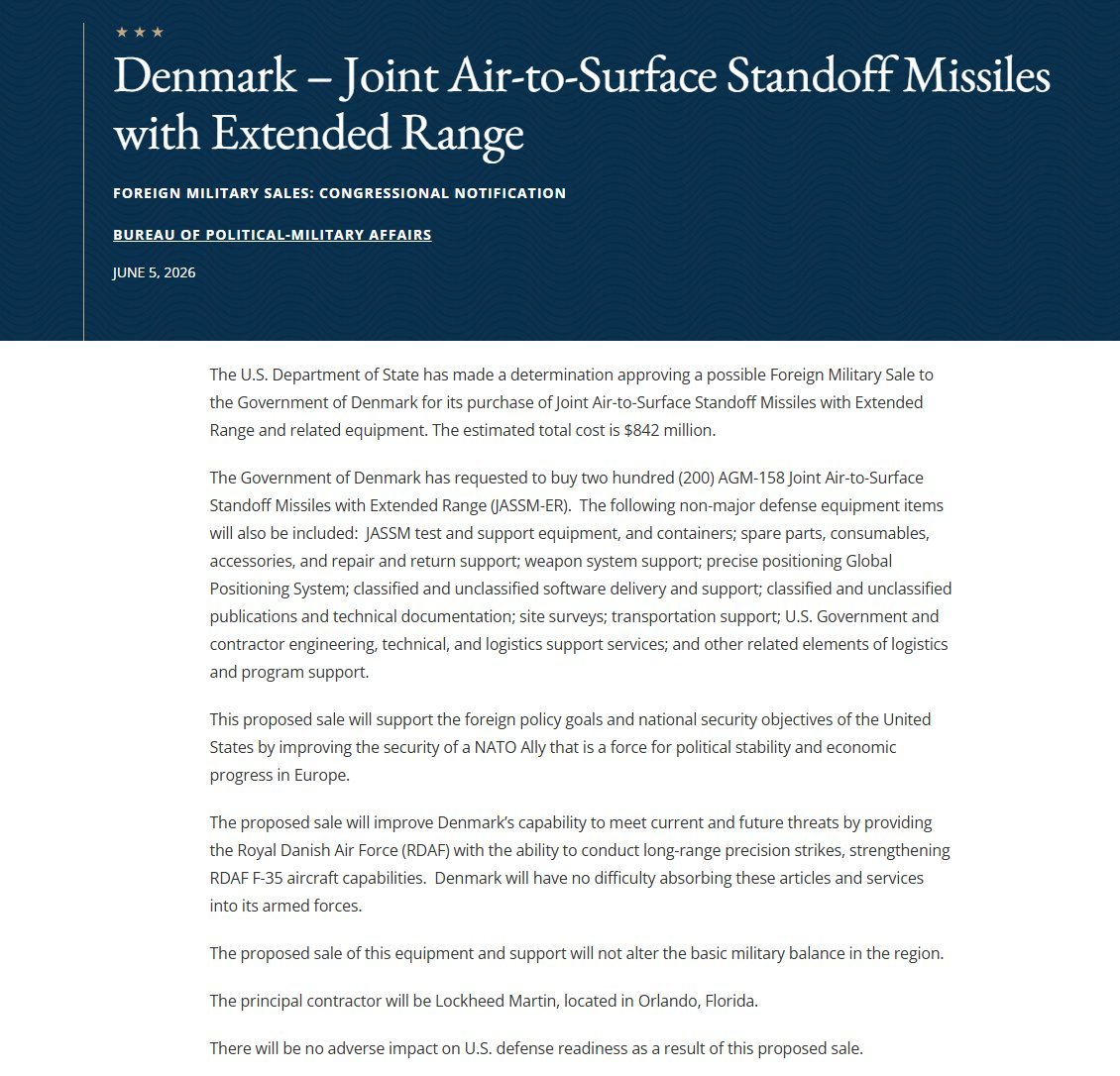 美国国务院批准丹麦🇩🇰8.42亿美元采购200枚JASSM-ER巡航导弹，配