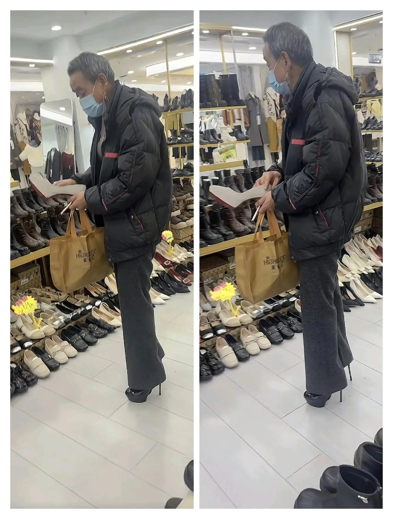 大爷对高跟鞋是情有独钟，还挺大大方方的来店里挑选，耳朵上吊着的是什么？两个字:时