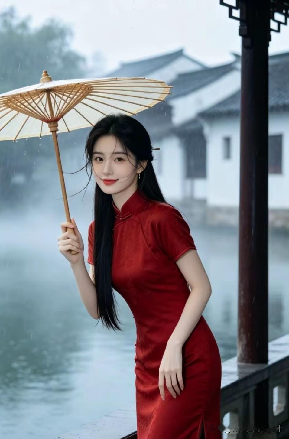 烟雨江南醉流年，
一袭红韵静安然。
半生阅尽人间事，
心自从容岁月宽。
 
中年