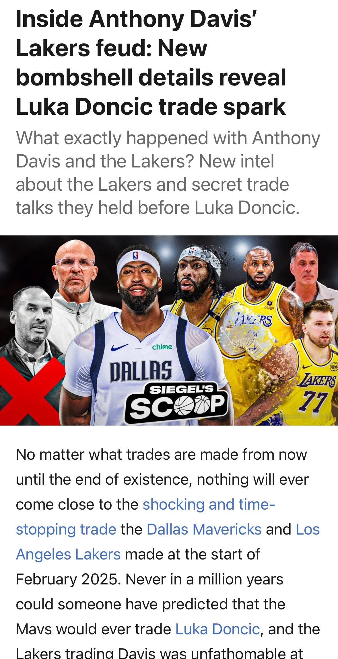 NBA记者Brett Siegel报道，湖人队和戴维斯在他们共同效力的最后一个赛