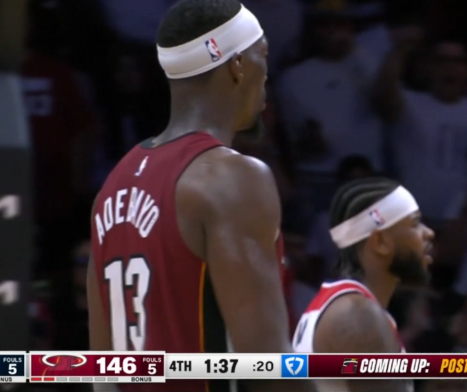 你奇才3-4人无球包夹阿德巴约那热火开始砍人战术 给阿德巴约拿进攻时间 哈哈哈哈