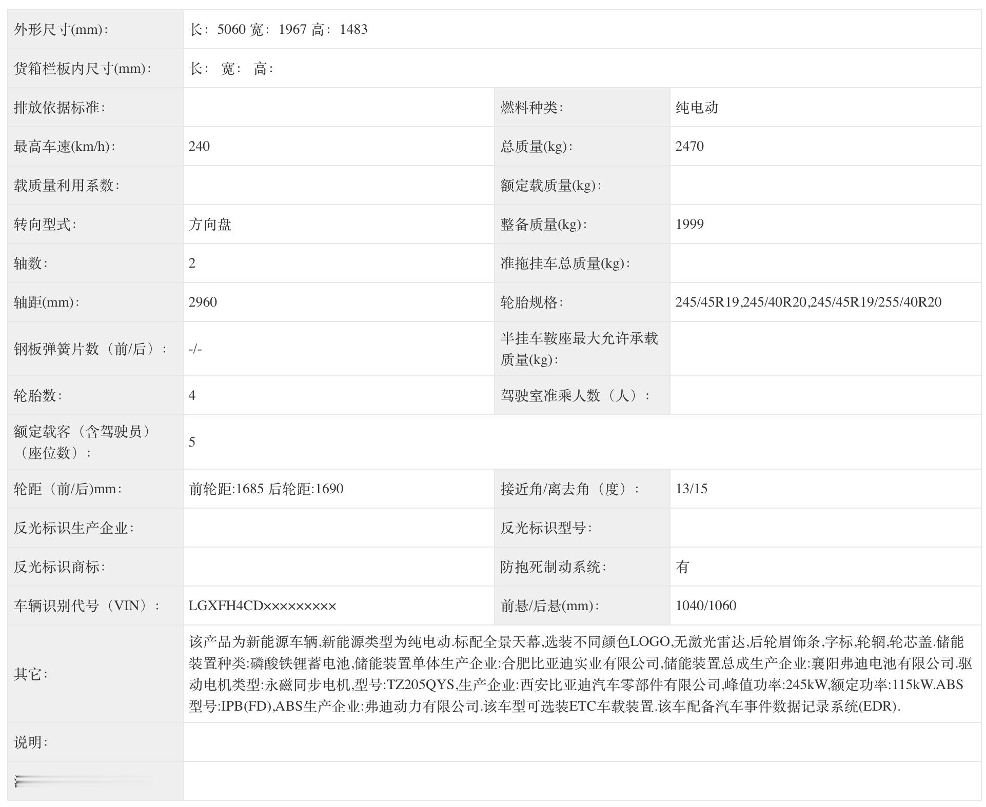方程 S 公布尺寸：5060 * 1967  * 1483mm轴距：2960mm