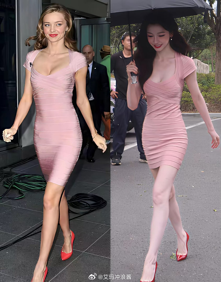 易梦玲&米兰达可儿穿同一套裙子，易梦玲比白人好白，感觉在发光