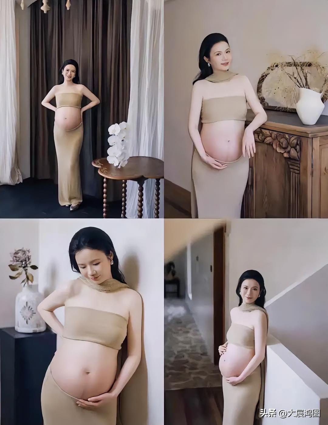孕妇穿着长裙，摆出各种姿势。