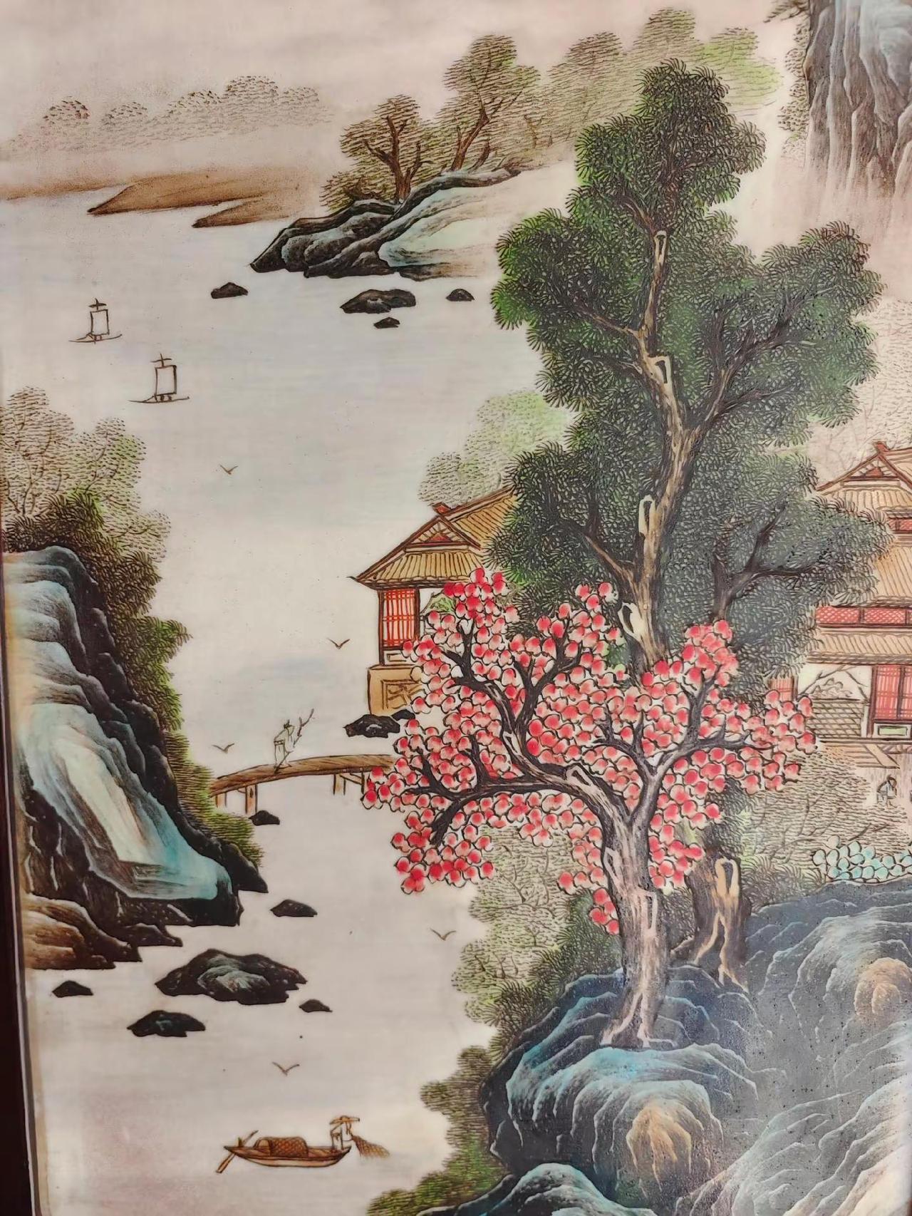名家张志汤粉彩山水亭台瓷板画一对瓷上山水雅藏