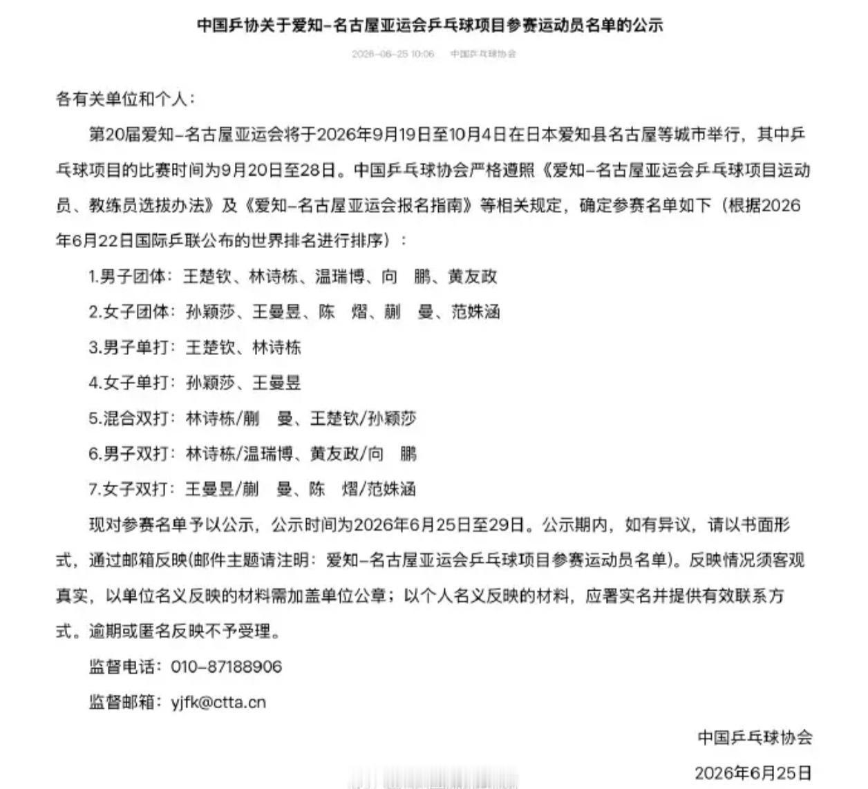 国乒亚运名单出炉！王楚钦孙颖莎领衔，梁靖崑退出向鹏入围，新老交替信号明显

中国
