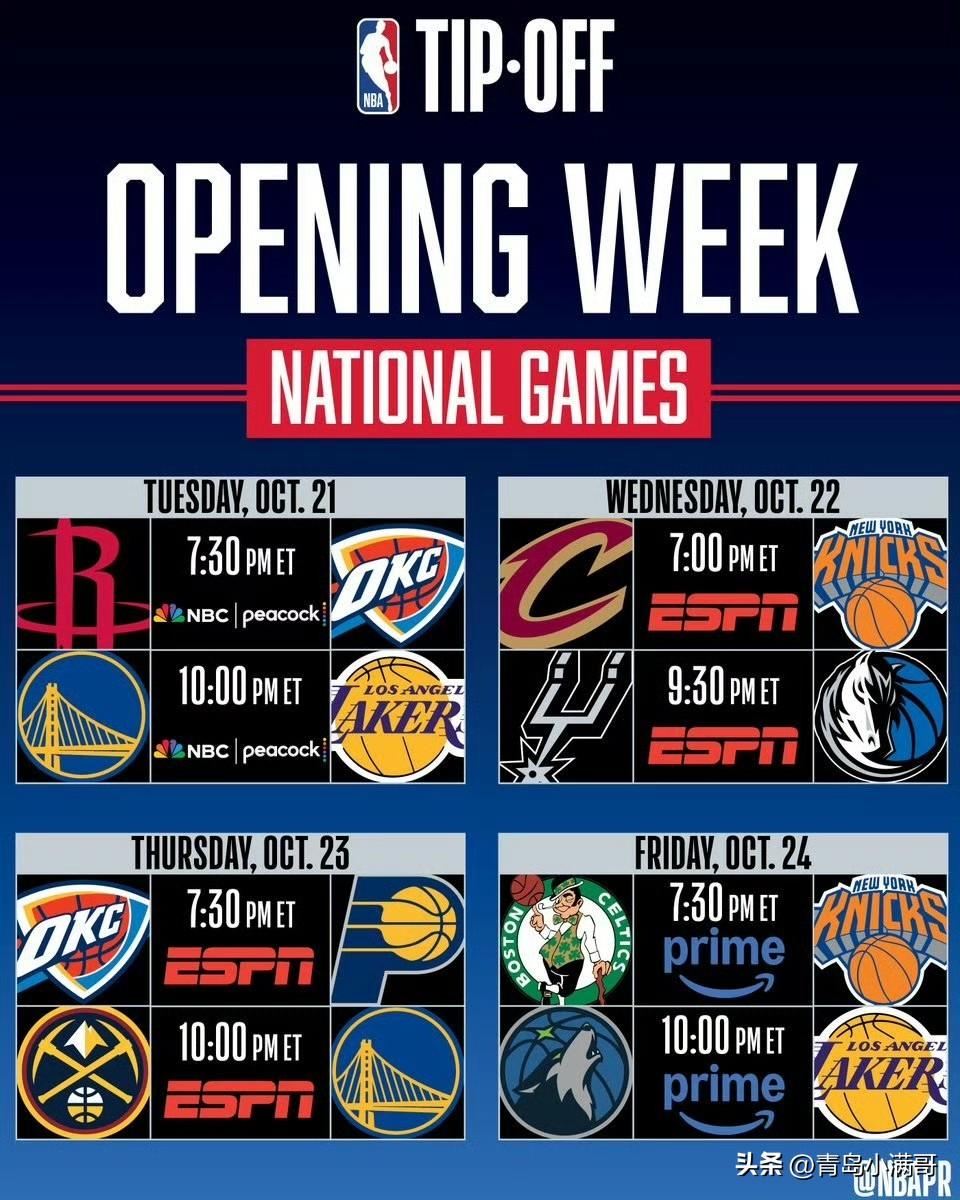 NBA新赛季第一周赛程公布！！！揭幕战首周比赛还得看西部！

今天NBA又对一些