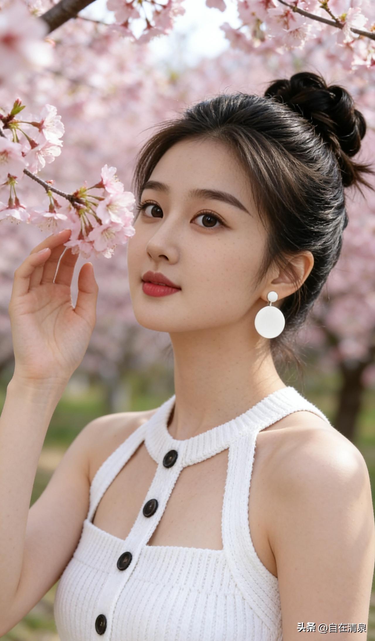 今天去赏桃花，我特意穿了条白裙子想拍美照。站在桃树下正摆姿势呢，一阵风刮过，花瓣