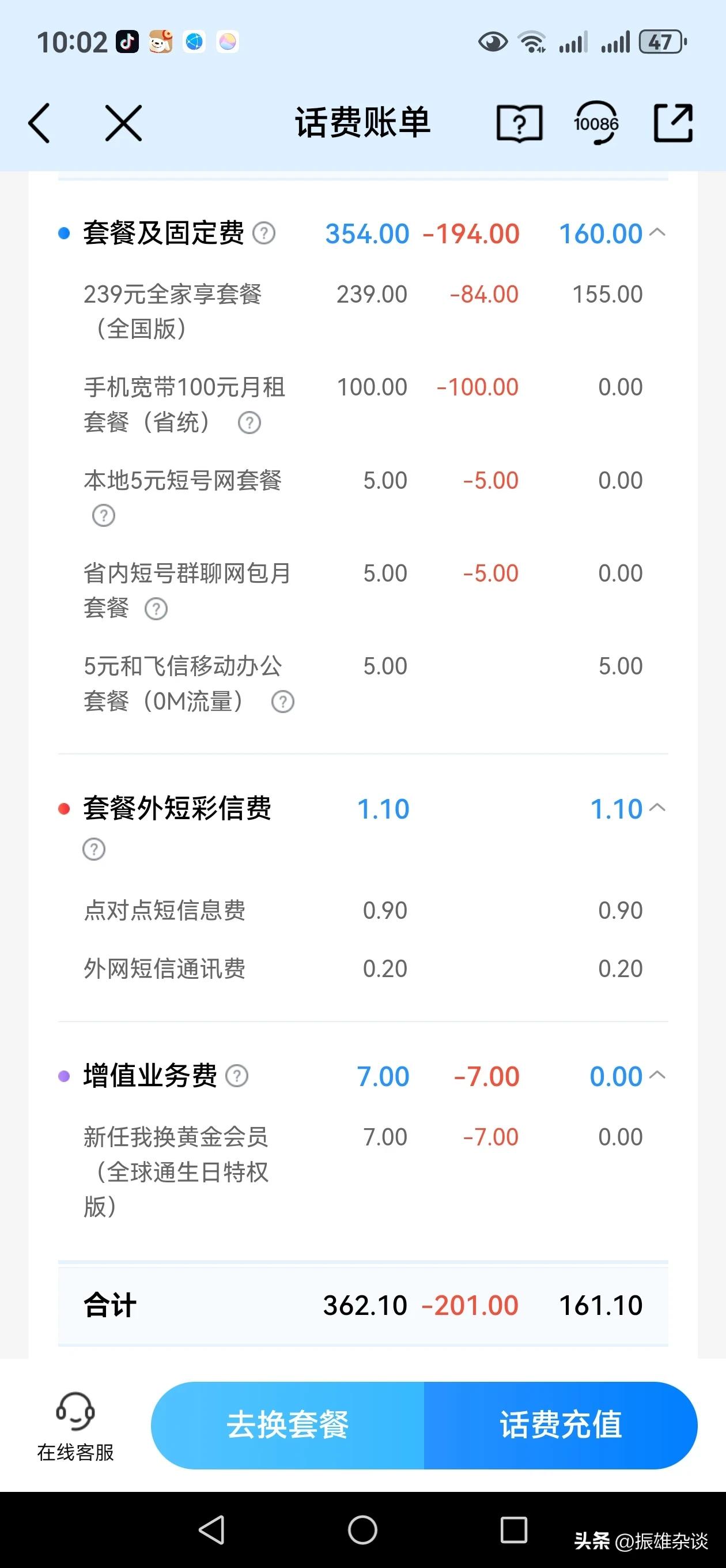 今天仔细看看账单，看不懂的中国移动收费，取消不了的收费项目，搞不清楚的收费，明明