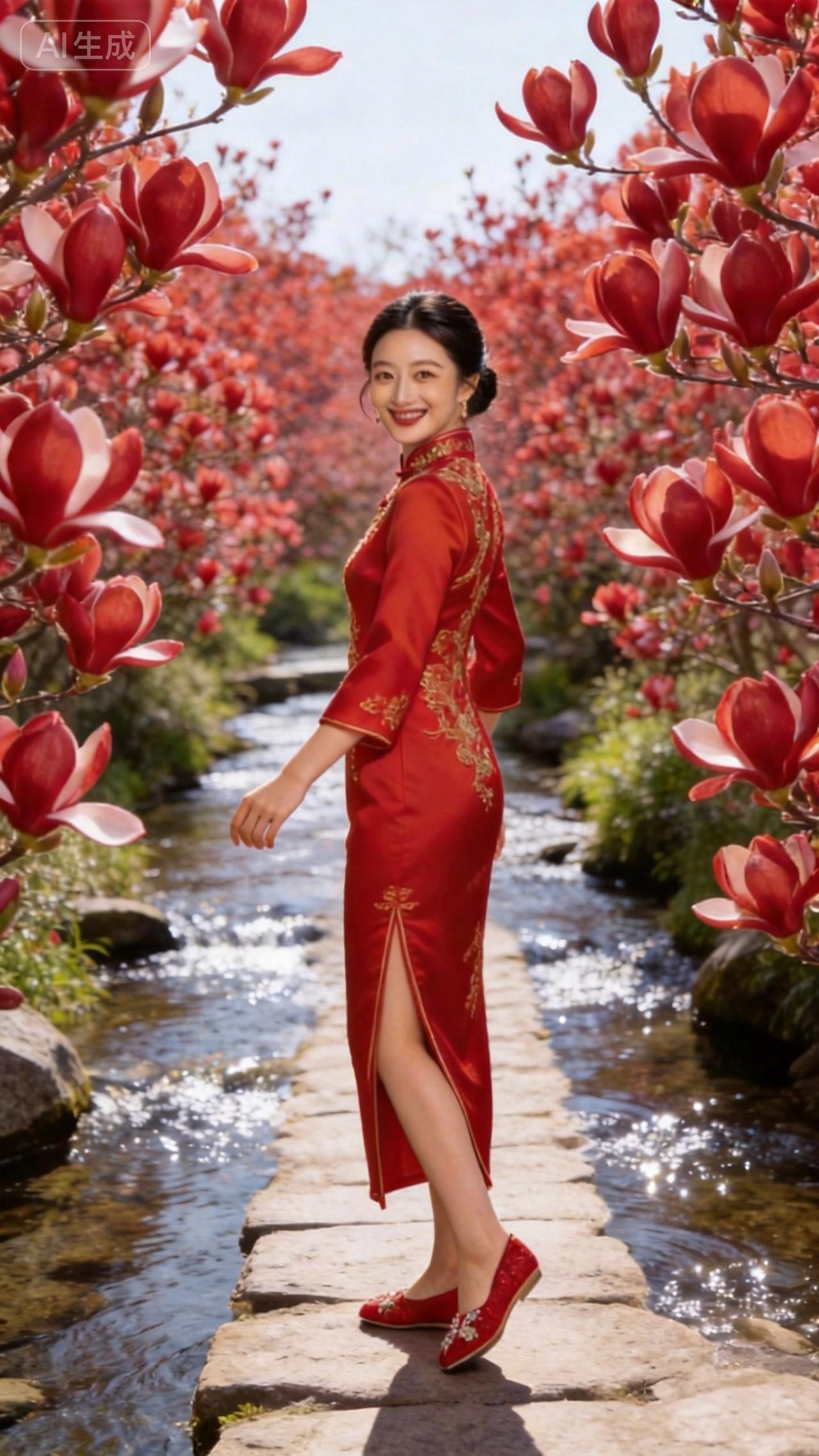 红玉兰漫过肩头，溪流映着红衣。这一身红缎旗袍，把东方女子的温婉与热烈，都藏在春日