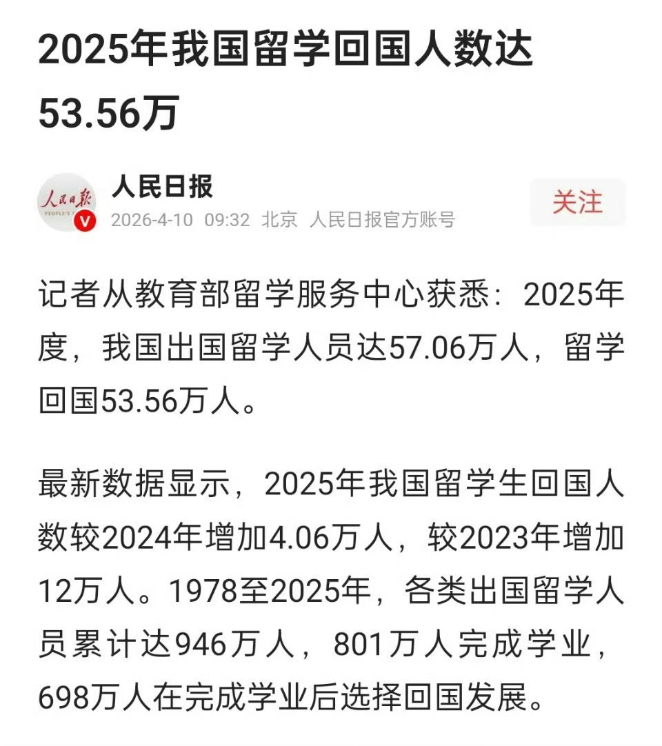 2025年我国出国留学人员57.06万，留学回国人数达53.56万。 