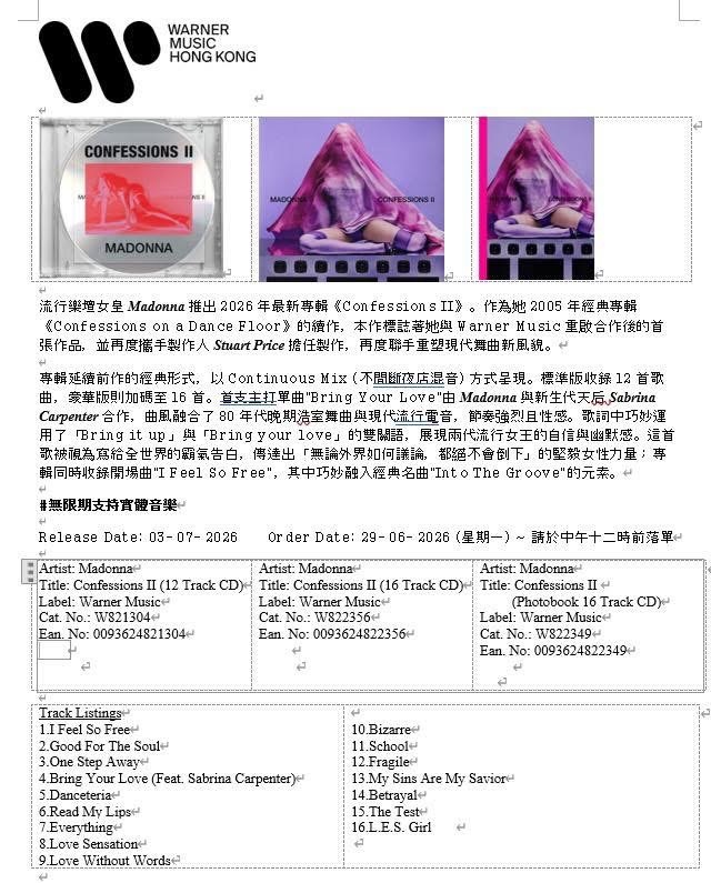 Madonna  香港华纳音乐引进的CONFESSIONS II版本 