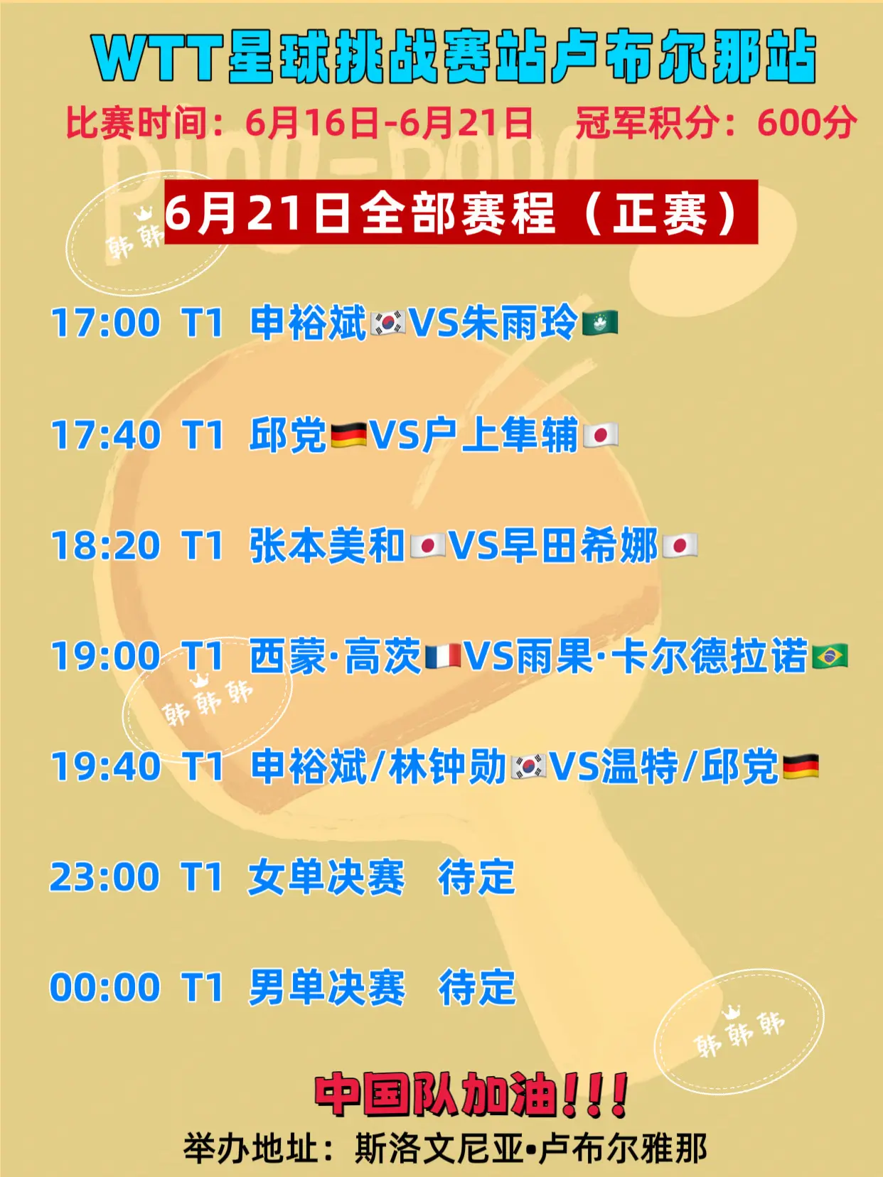 卢布尔雅那球星挑战赛。6月21日全部赛程 中国队单打全军覆没