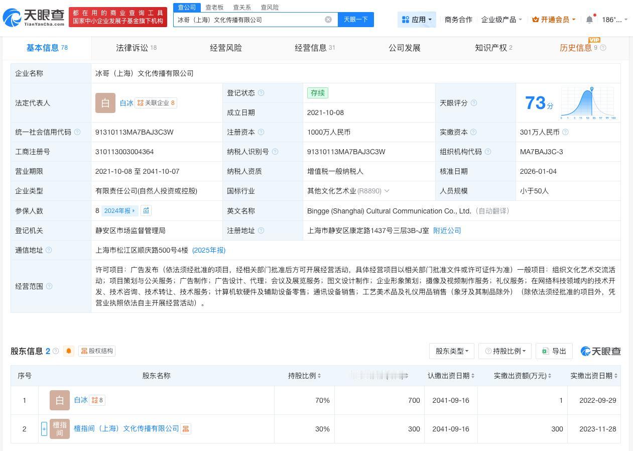 白冰名下公司新增开庭公告

白冰名下公司被合伙人起诉
天眼查天眼风险信息显示，近