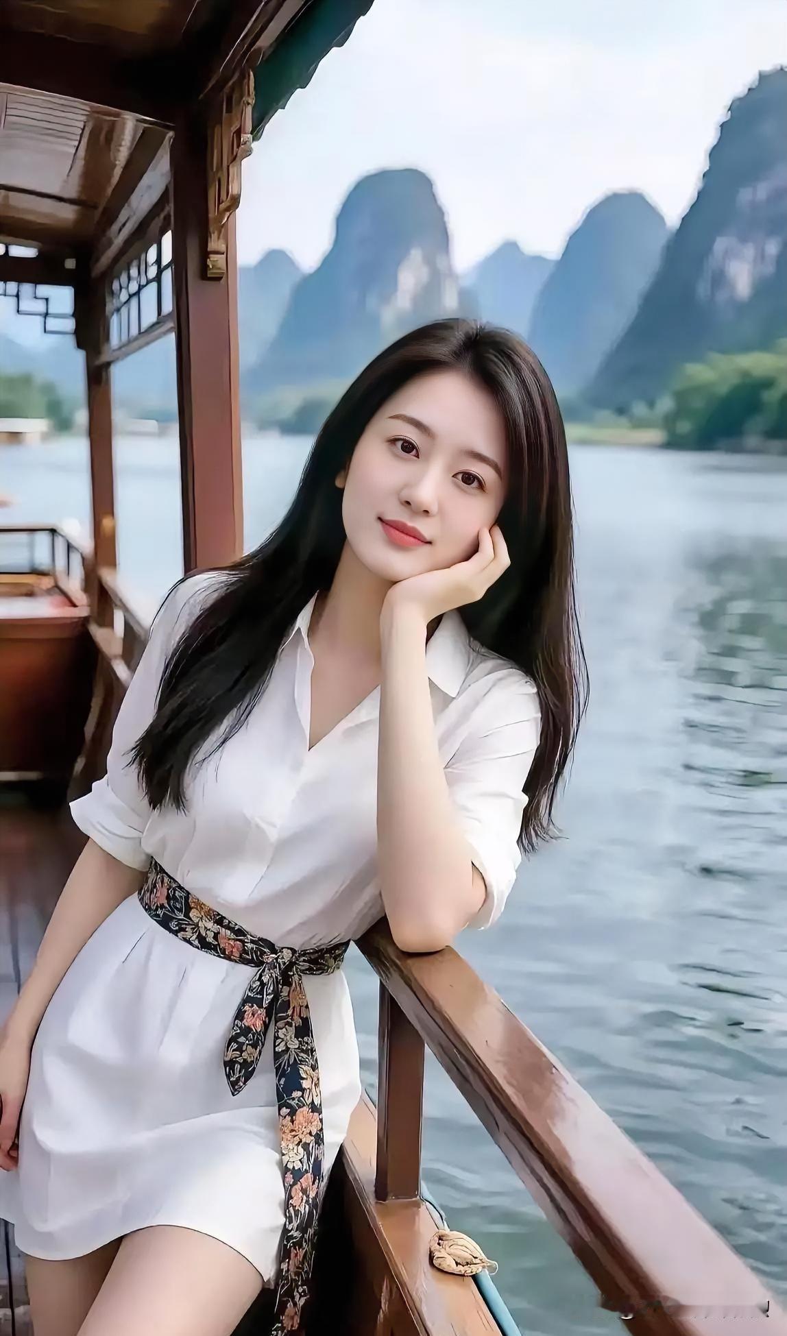 一袭白衣静倚游船，远山如黛碧水悠悠，温婉气质与山水画卷浑然相融，尽显诗意。