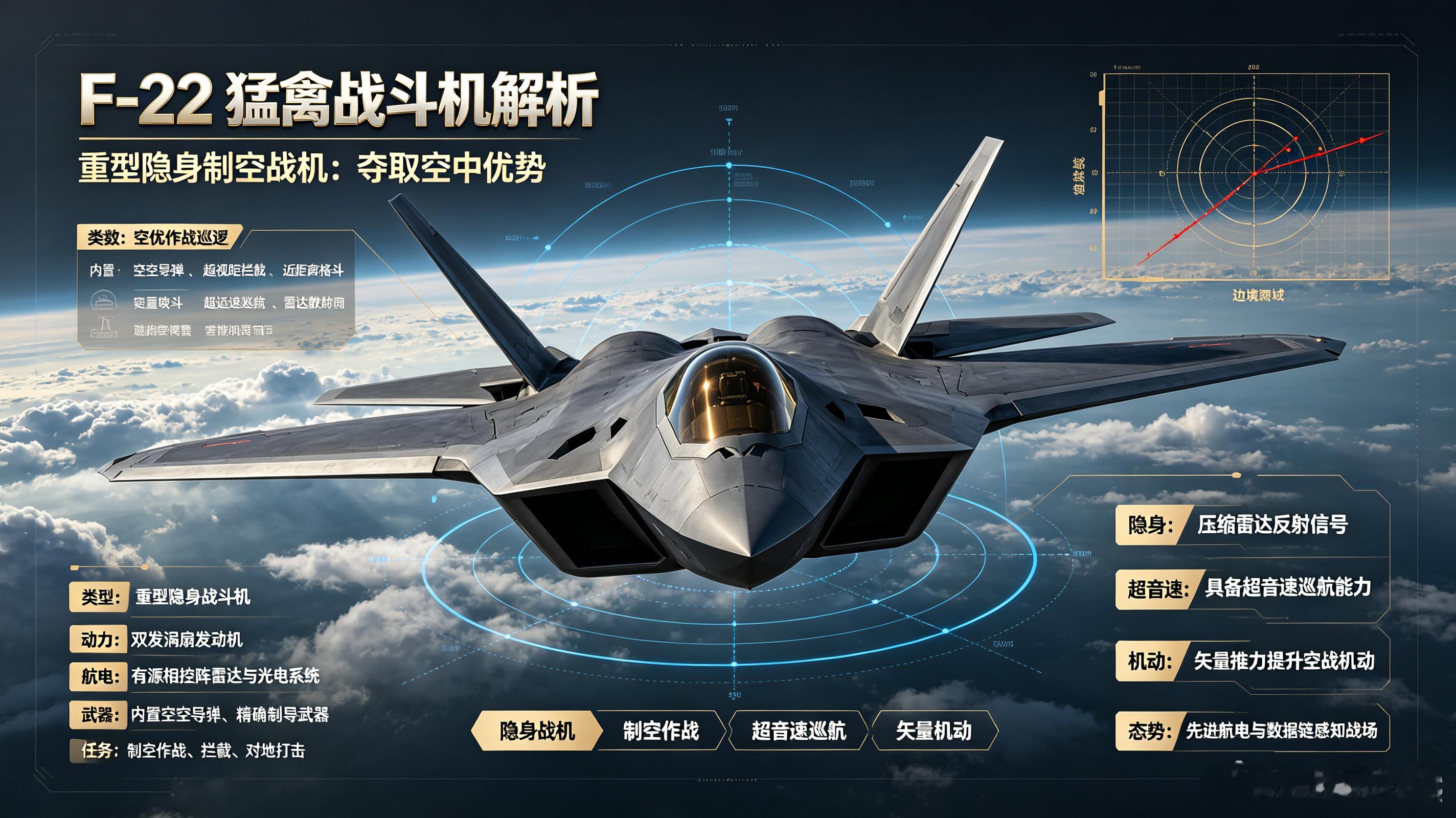 每天认识一件兵器——F-22A“猛禽”隐身战斗机今天聊聊全球首款第五代战斗机，也