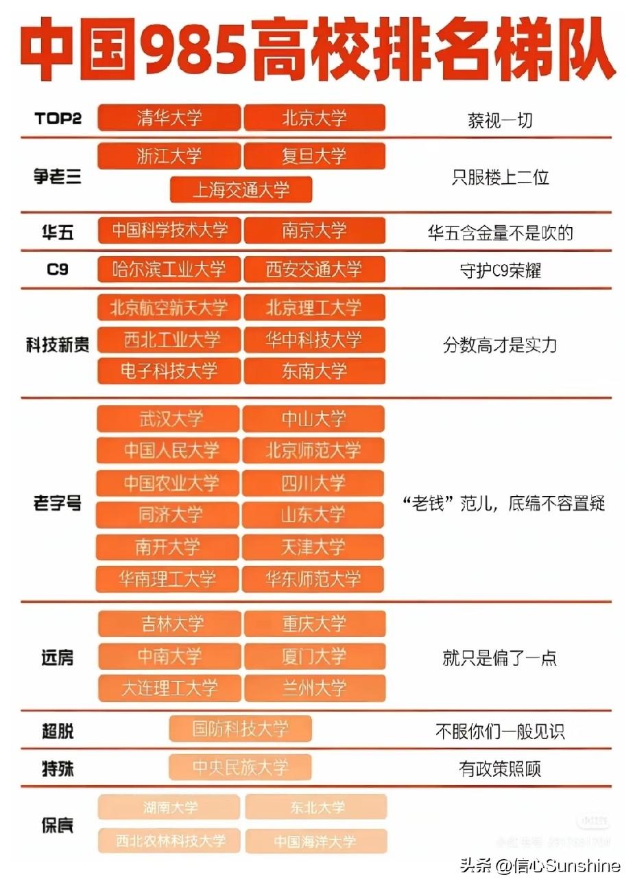中国985高校排名梯队。