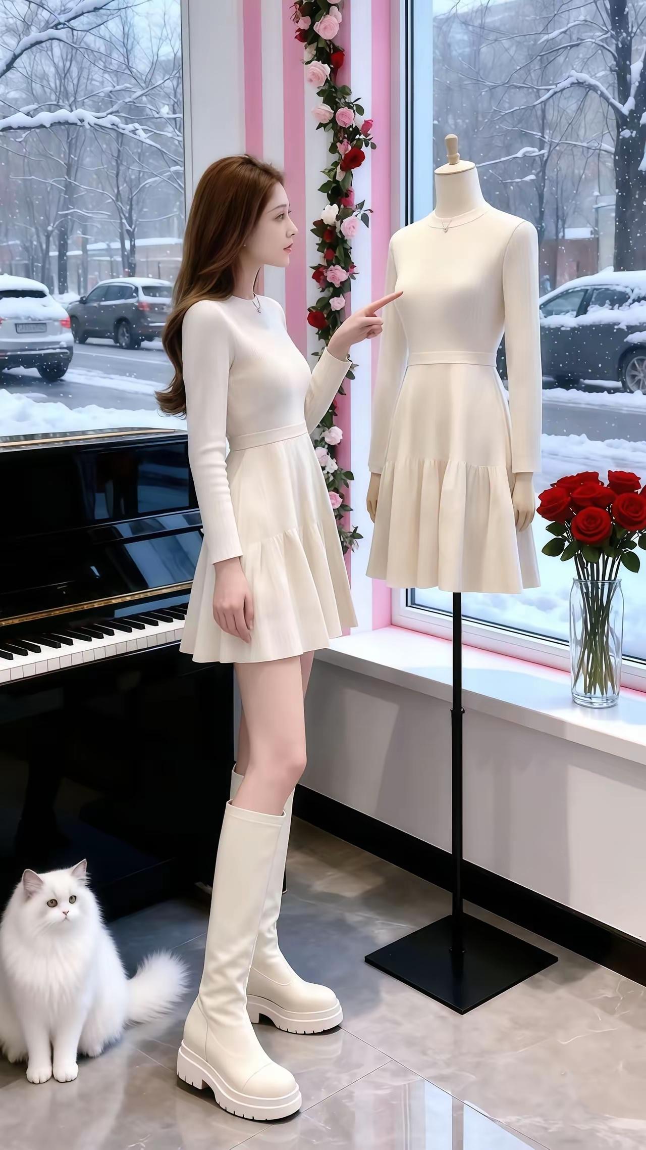 冬日穿搭指南：米色连衣裙+高筒靴，温暖又时尚！流行的毛衣该怎么搭配 在家里你会和