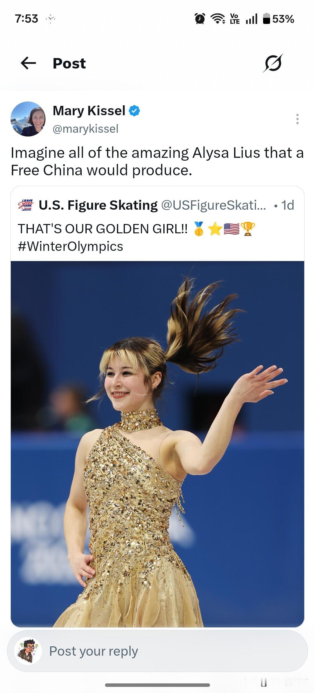 美国华裔女子花样滑冰奥运冠军刘美贤的自由热情奔放优异表现，确实征服了舆论，前华尔