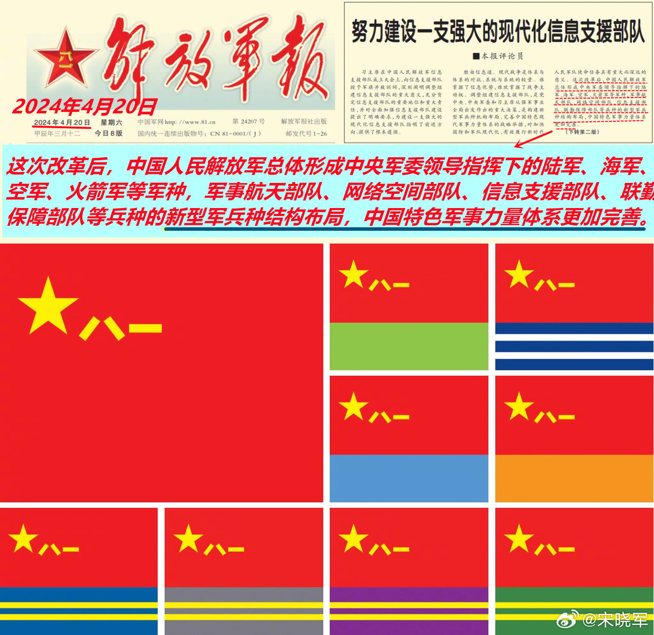 这次中央军委发布军事航天部队、网络空间部队、信息支援部队、联勤保障部队的军旗旗面