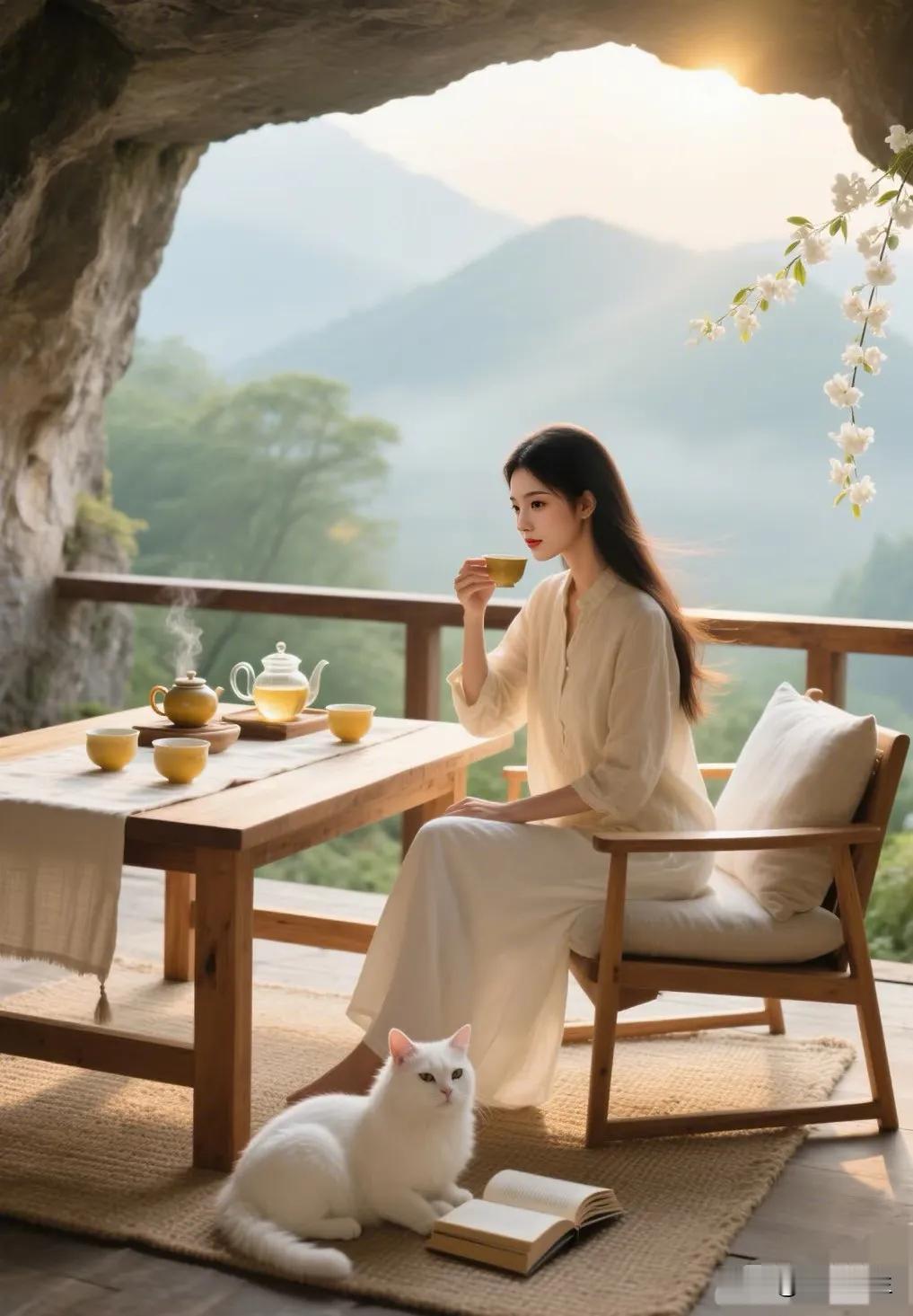 静享山间茶时光，与猫咪共度悠闲午后