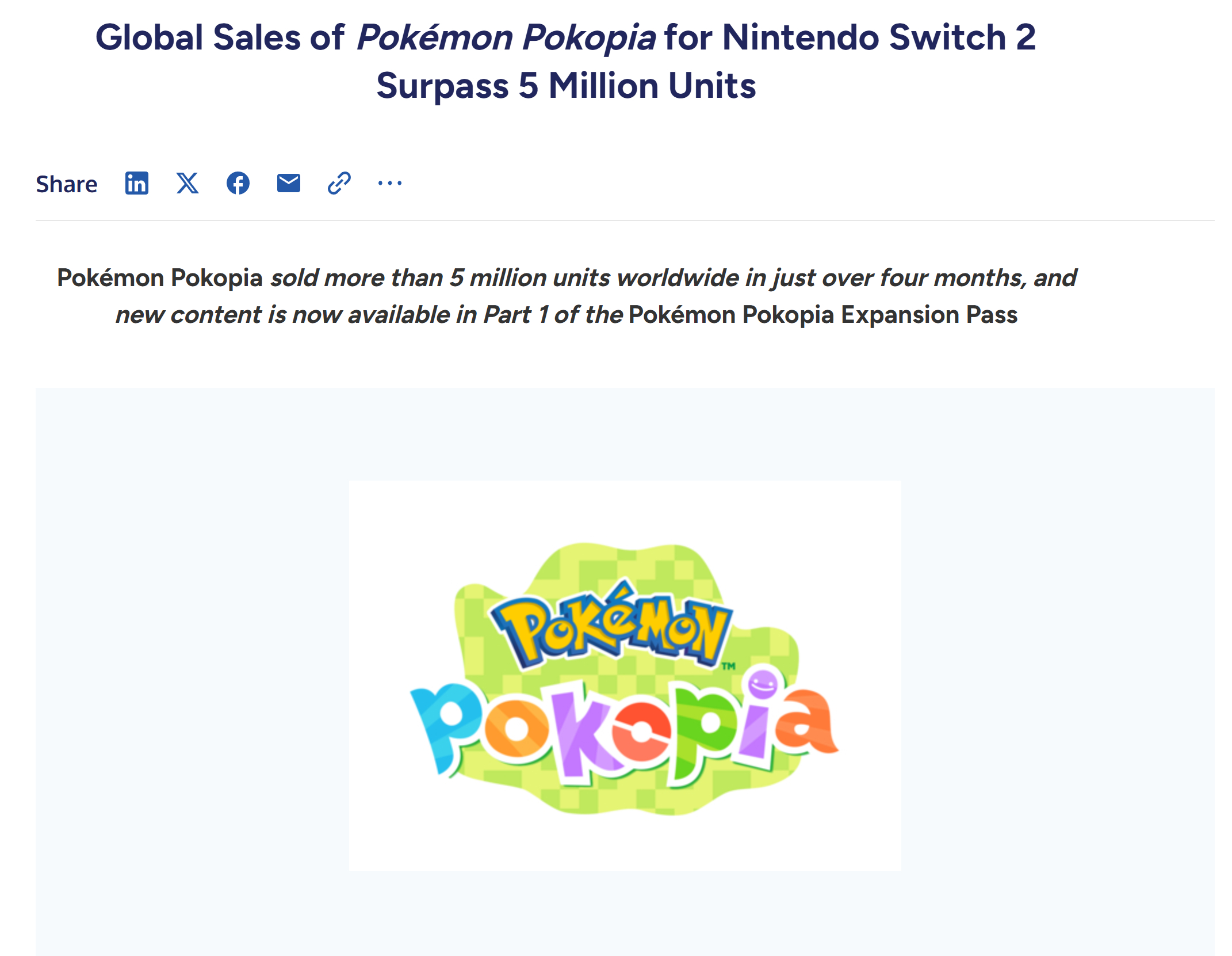 宝可梦公司宣布，《宝可梦 Pokopia》全球累计销量已突破500万份。 
