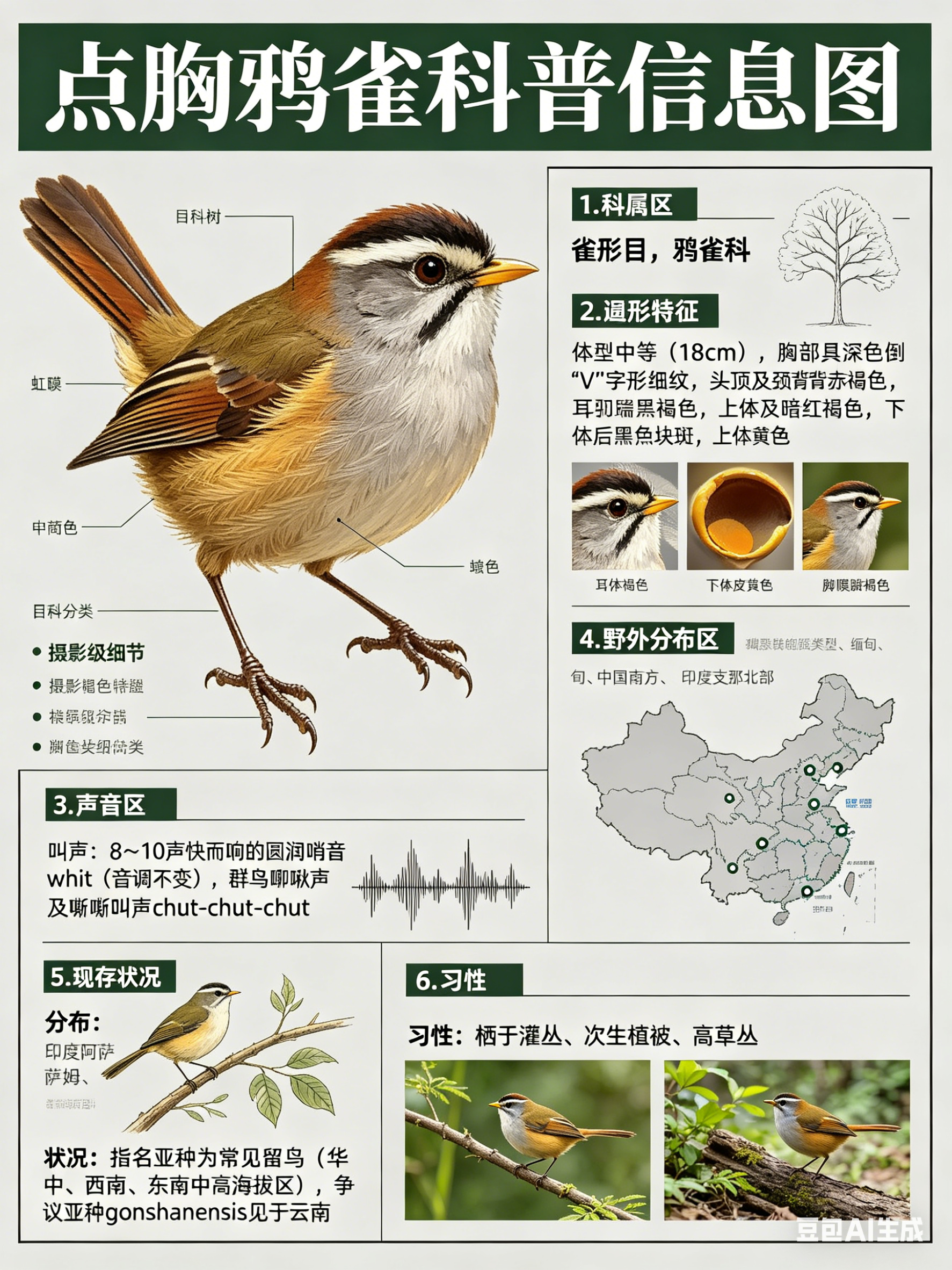 鸟类朋友图鉴 点胸鸦雀·科属：雀形目，鸦雀科。·外形特征：体型中等（18cm）而