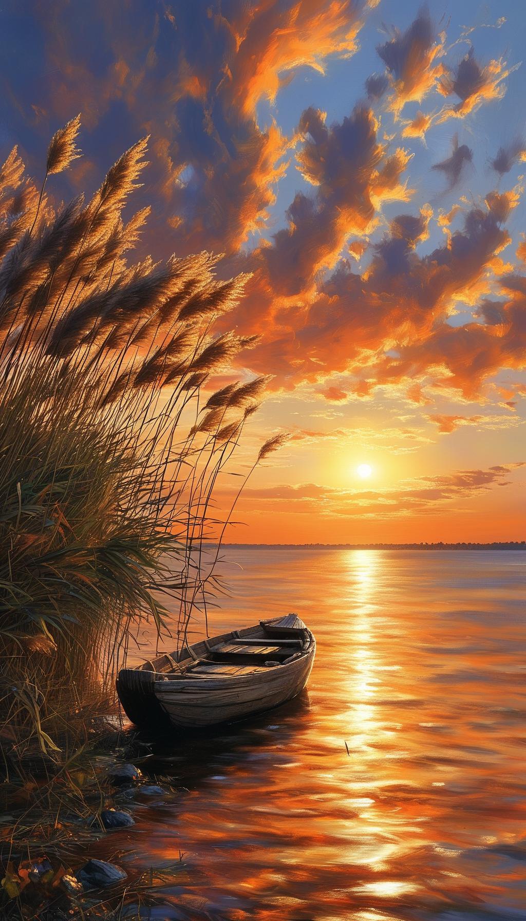 七绝·《芦滩》
滩头芦荻舞风长，
野渡横舟对落阳。
衣上轻笼秋水色，
碧波渐染夕