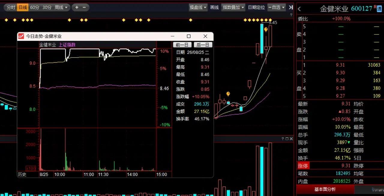 金健米业今日烂板走势颇为诡异。连续两日洗盘，早盘快速反包，一度带动农业板块走强。