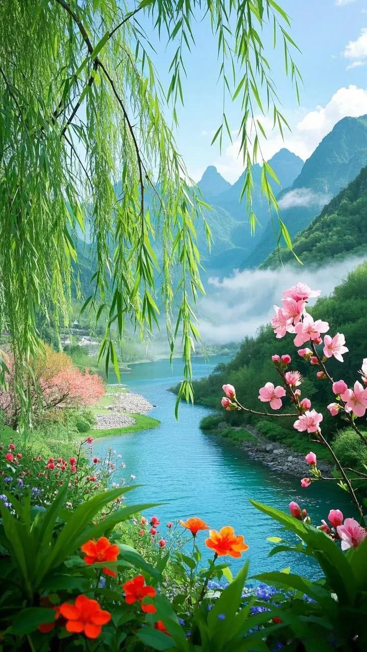 蛇年春景
 
春风拂柳绿丝绦，
桃蕊初张映碧霄。
翠岭绵延云影绕，
清溪缓淌雪光