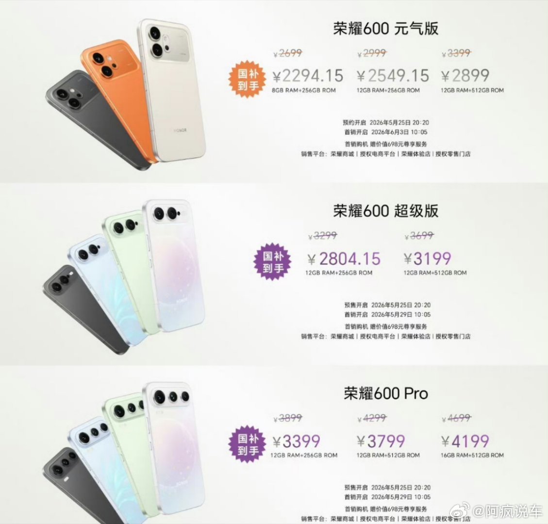 荣耀600价格来了，叠加国补到手2200多，这个价格还是非常有优势的。而且看着荣