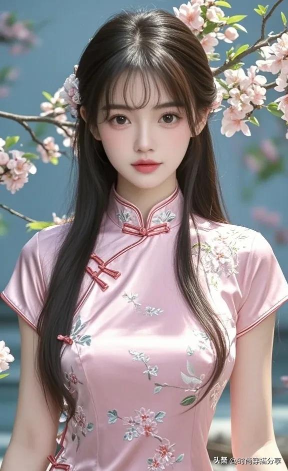 粉嫩旗袍少女，春日花枝招展