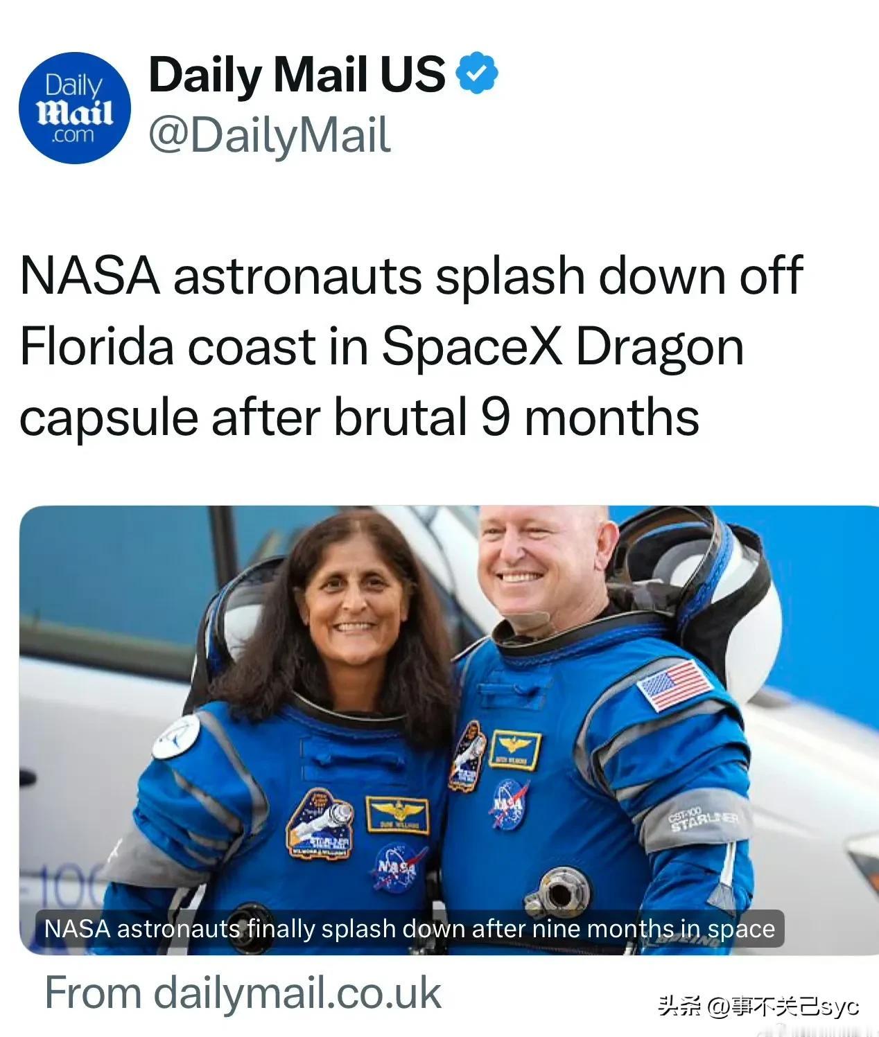 两名被困太空的NASA 宇航员终于返回地球，他们搭乘Space X Dragon