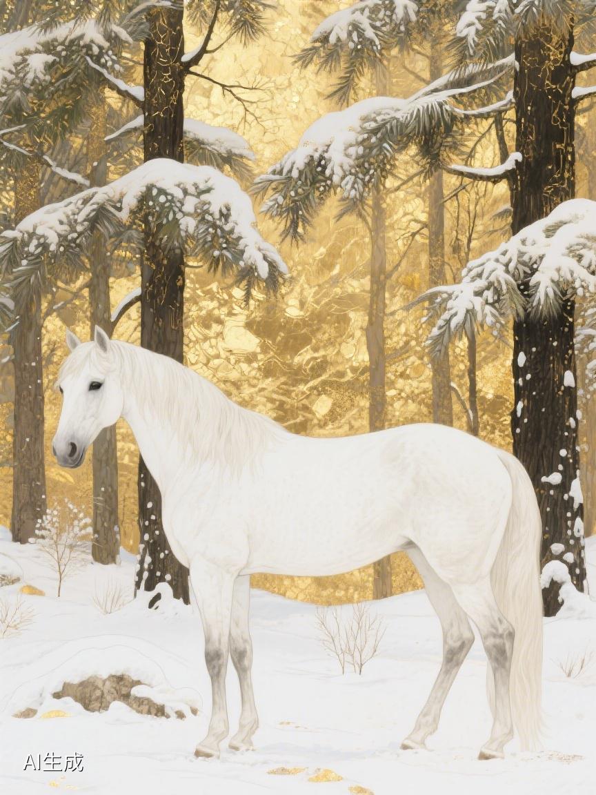 AI妙生图白雪覆林，那匹白马静静伫立，似在时光里守着岁月的静美，等待着未知的奇遇