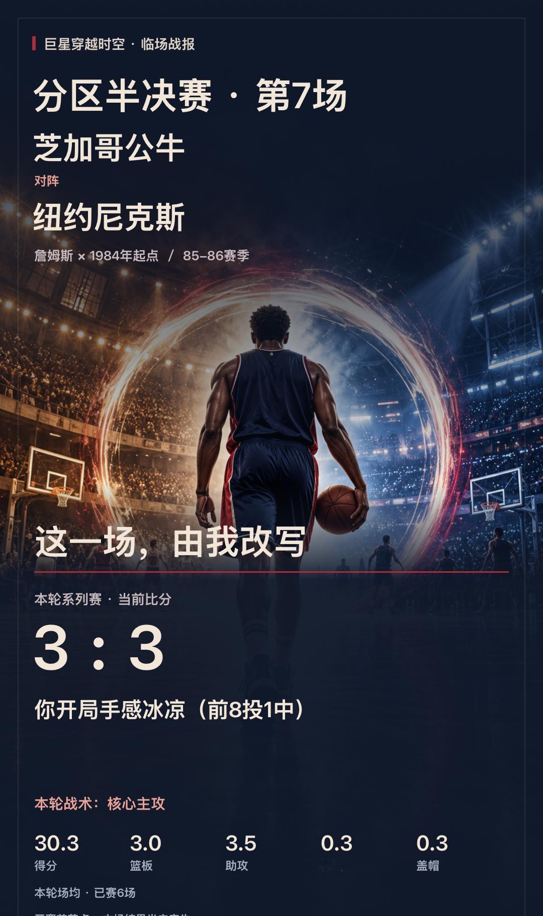 分区半决赛第7场｜詹姆斯的这一战，由我改写
《巨星穿越时空》季后赛临场战报 85