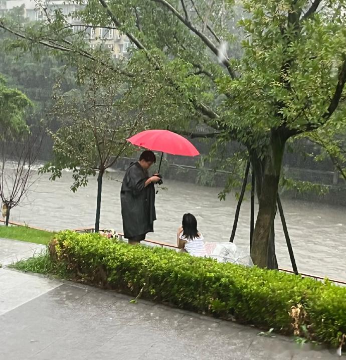 成都人的松弛感，于暴雨中尽显。雨幕倾洒，他们却气定神闲拍照留念，这般从容，仿若雨