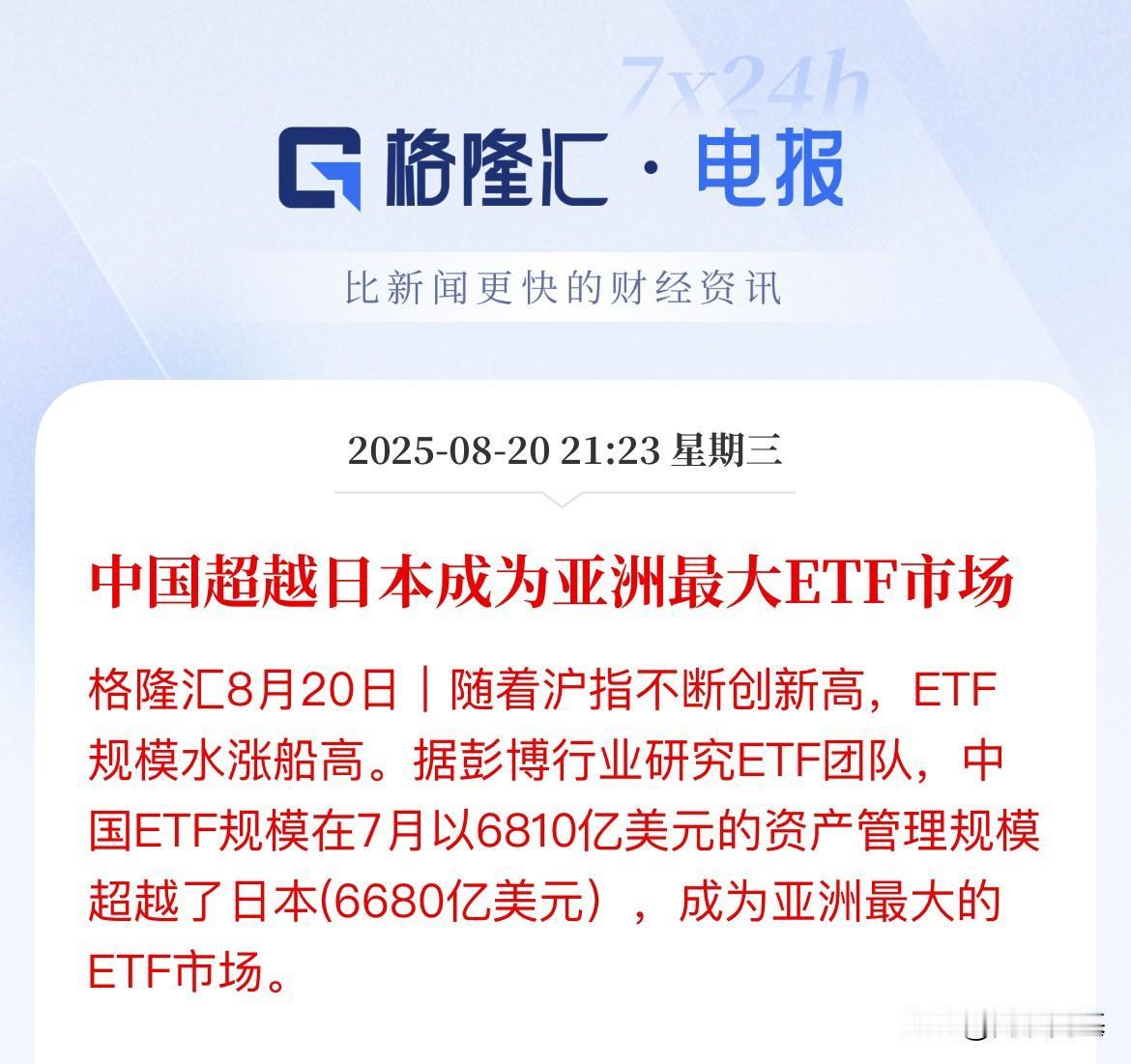 见证历史时刻！中国超越日本成为亚洲最大ETF市场，主要超越日本极具意义啊

上证