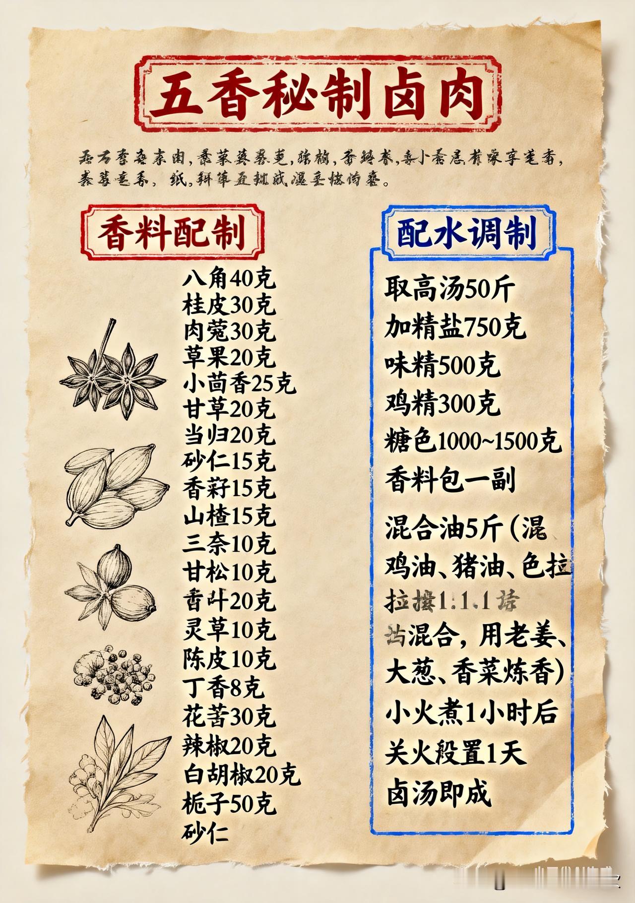 1：香料配制
八角40克，桂皮30克，肉蔻30克，草果20克，草寇20克，小茴香