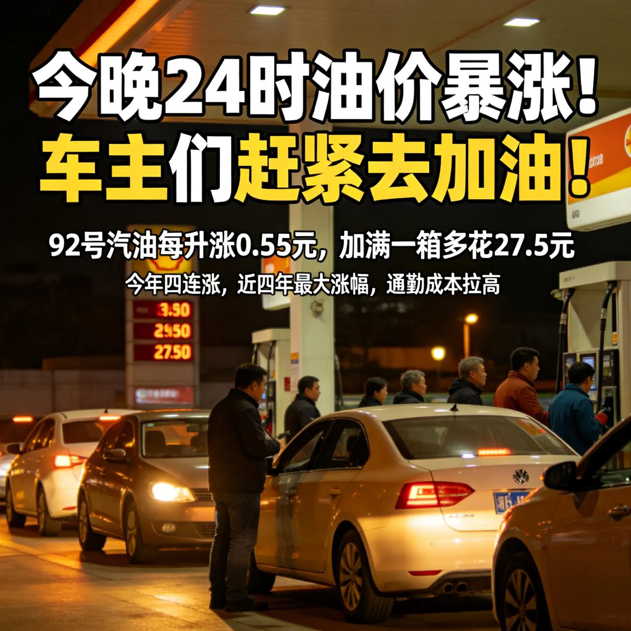 今晚24时，油价暴涨！车主们赶紧去加油！
 
真的扛不住了！
 
今晚24时油价