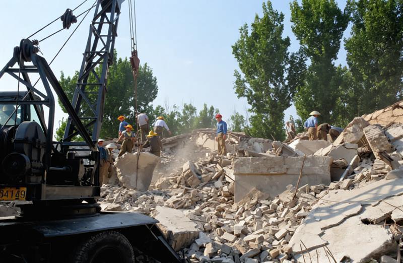 1976年7月28日，唐山矿业学院宿舍楼震毁后的现场，大片垮塌的砖混构件堆成起伏