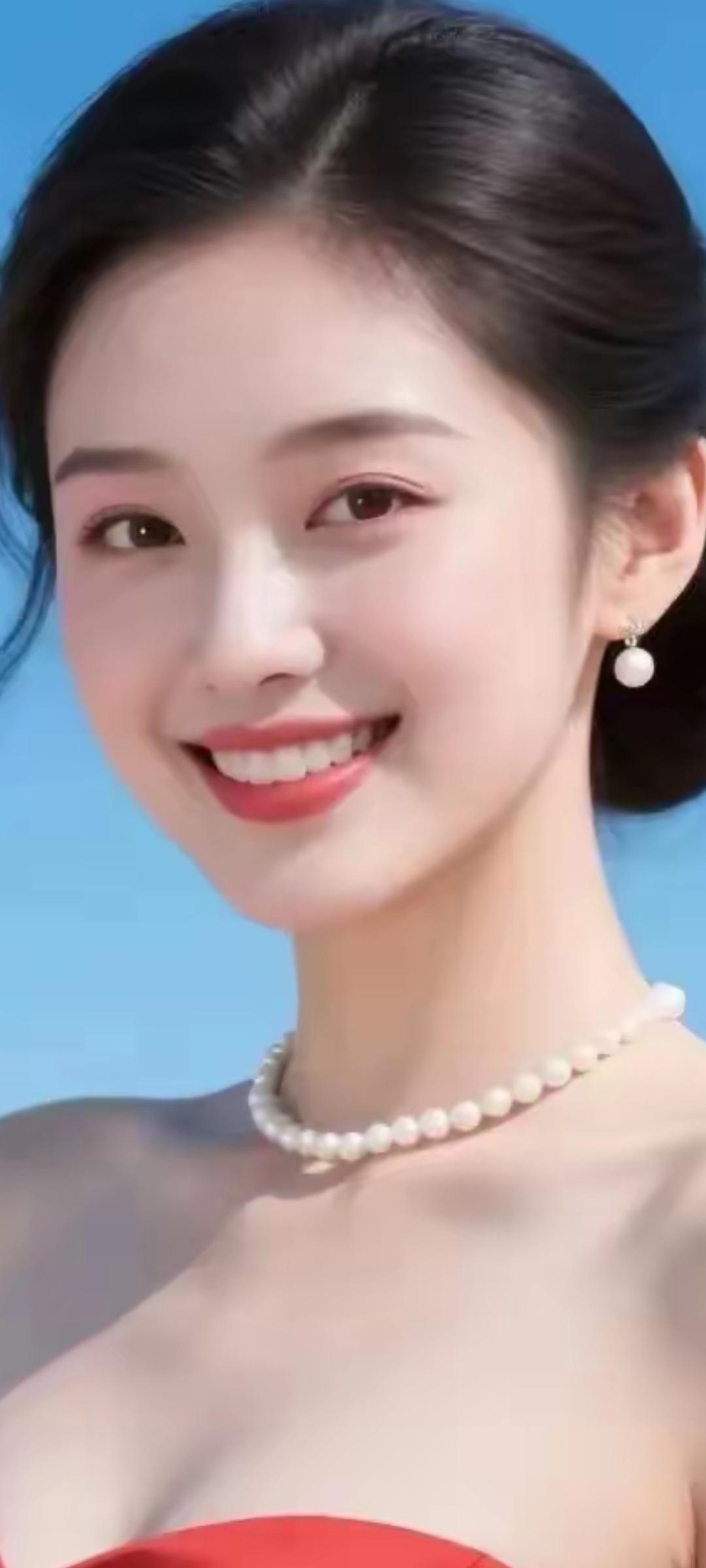 优雅珍珠项链，闪耀红裙，甜美笑容，完美女神！